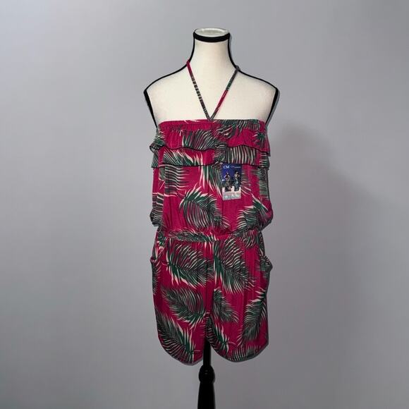 CM Pink and Green Tropical Print Romper women’s size large - Picture 1 of 5